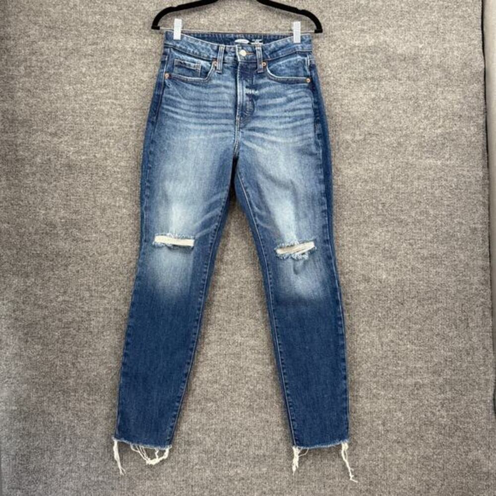 Old Navy Womens OG Straight High Rise Jeans Sz 4 Distressed Raw Hem Stretch EUC